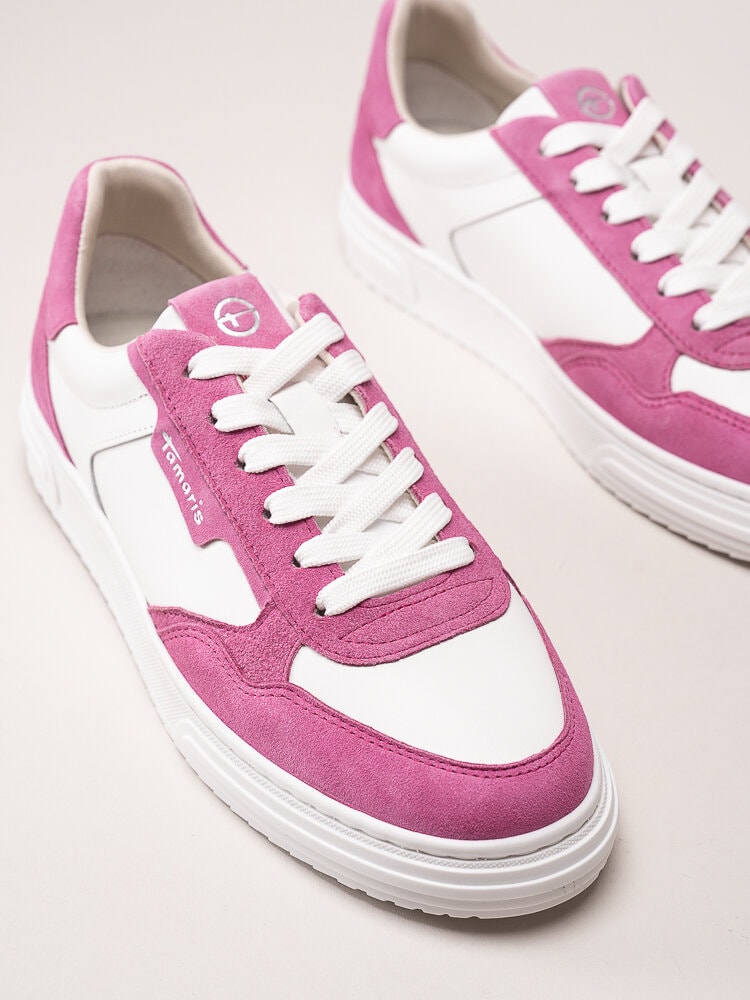 Tamaris - Vita och rosa sneakers i skinn