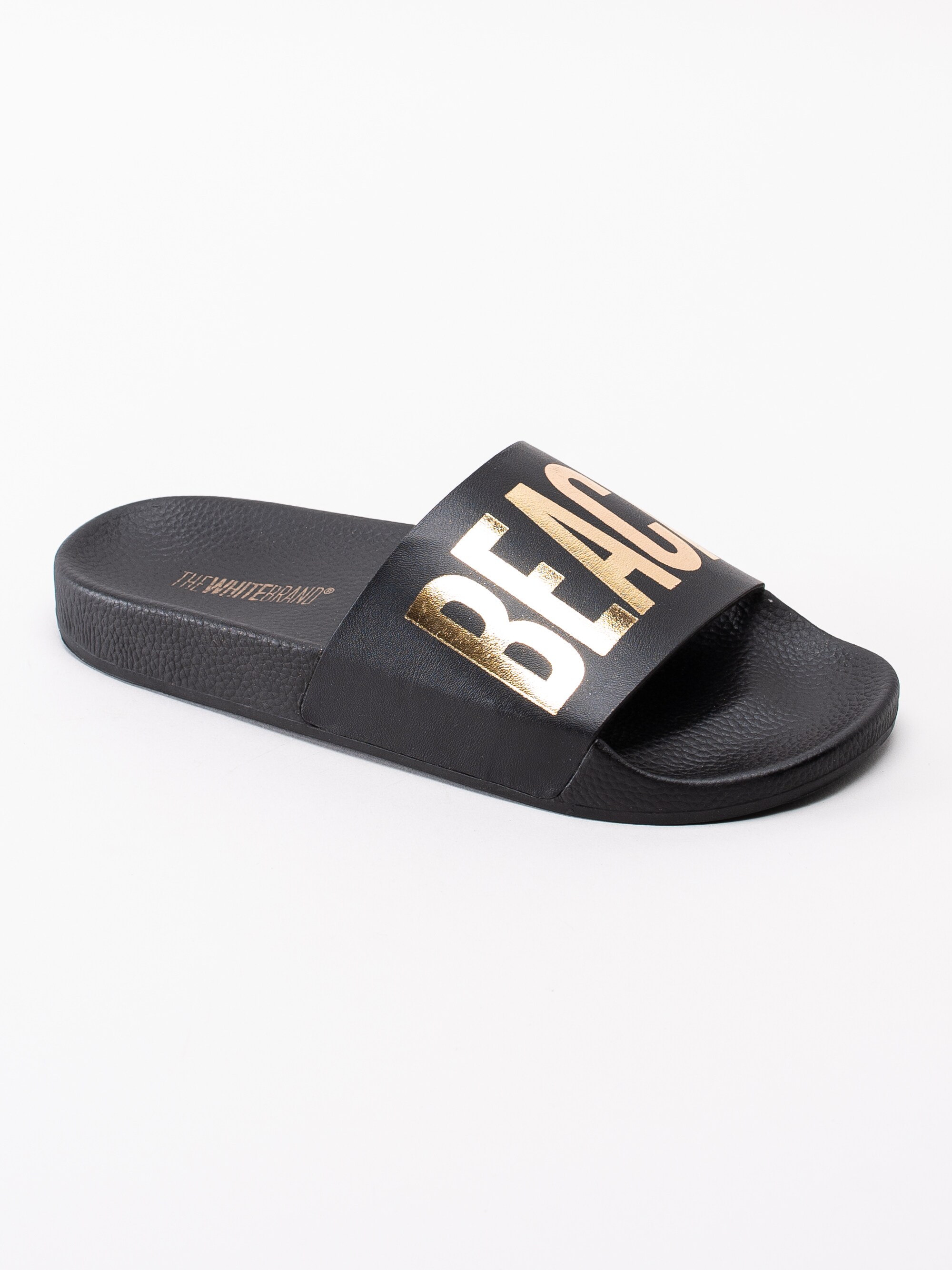 65191092 The White Brand Beach Please L-0011 svarta slip ins badsandaler med Beach Please print-1