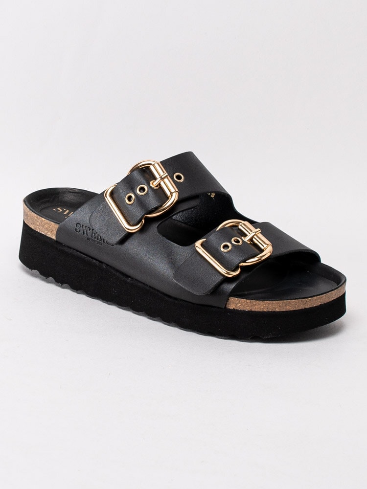 Sweeks - Greta - Svarta slip in sandaler med guldspännen