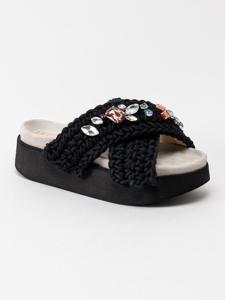 Inuikii - Woven Stones Platform - Svarta trendiga platå slip in sandaler med vackra stenar