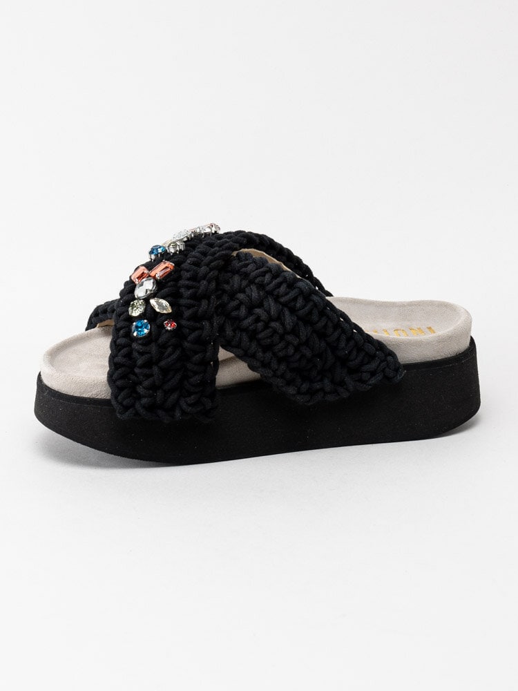 Inuikii - Woven Stones Platform - Svarta trendiga platå slip in sandaler med vackra stenar