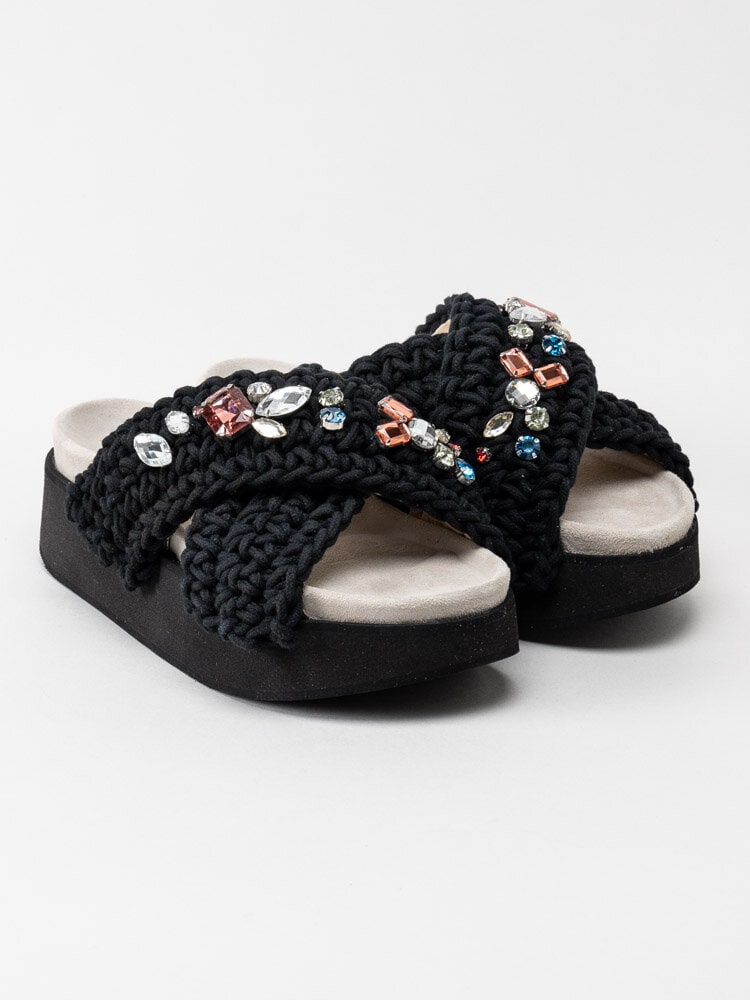 Inuikii - Woven Stones Platform - Svarta trendiga platå slip in sandaler med vackra stenar