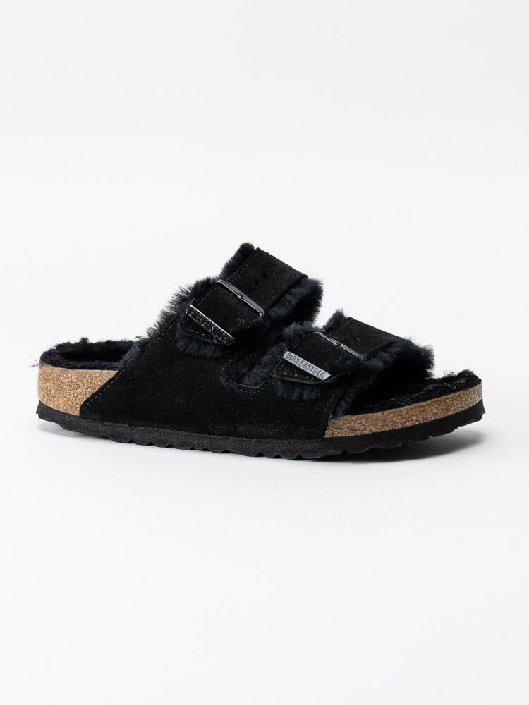 Birkenstock - Arizona - Svarta fårskinnsfodrade slip in sandaler i mocka