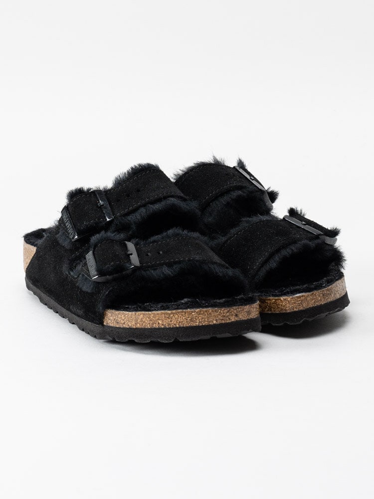 Birkenstock - Arizona - Svarta fårskinnsfodrade slip in sandaler i mocka