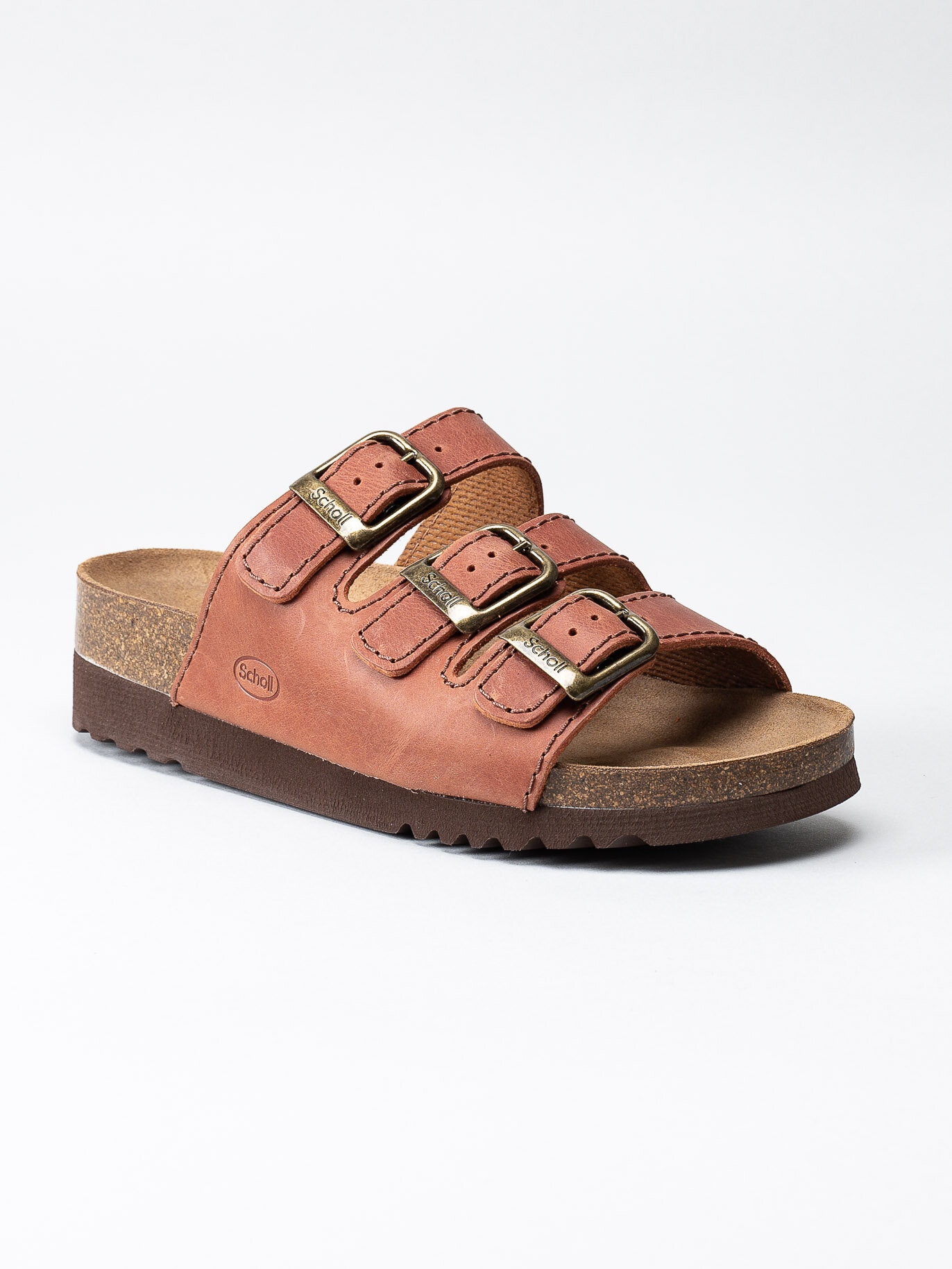 Scholl - Rio Wedge AD - Rödbruna slip in sandaler med tre remmar