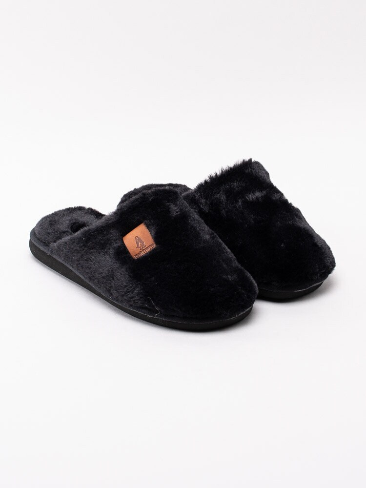 Hush Puppies - Svarta mysiga slip in tofflor i fuskpäls