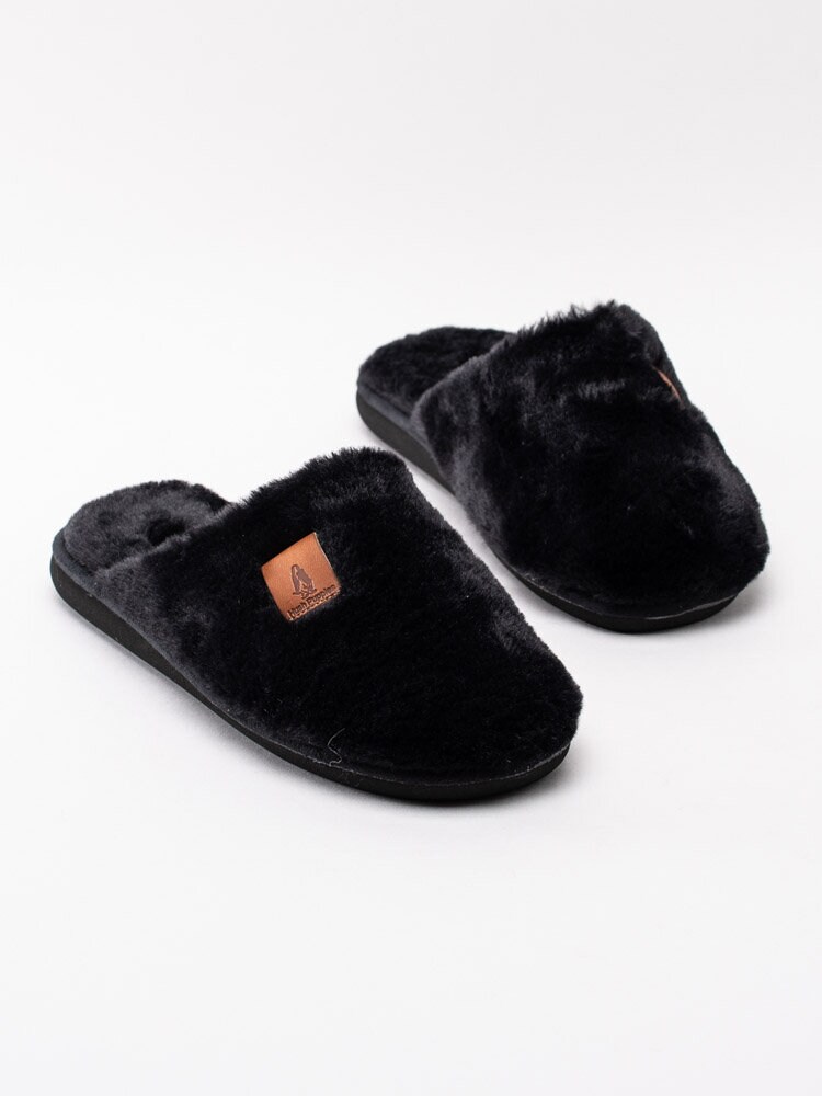 Hush Puppies - Svarta mysiga slip in tofflor i fuskpäls