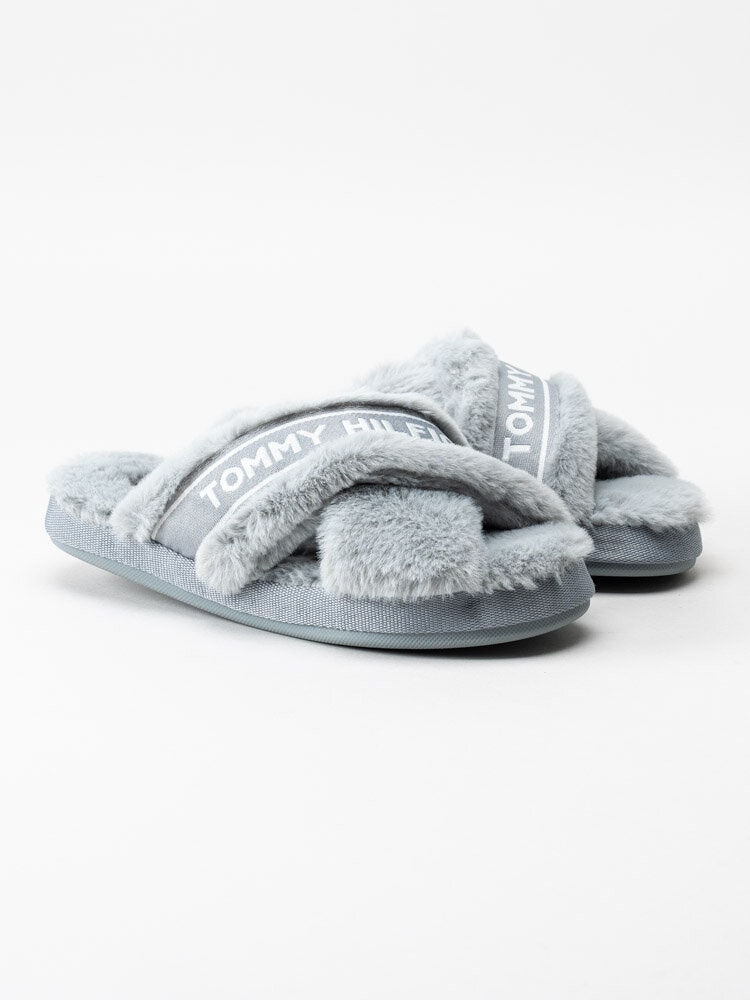 Tommy Hilfiger - Tommy Furry Home Slipper - Gråblå slip in tofflor med korsade band
