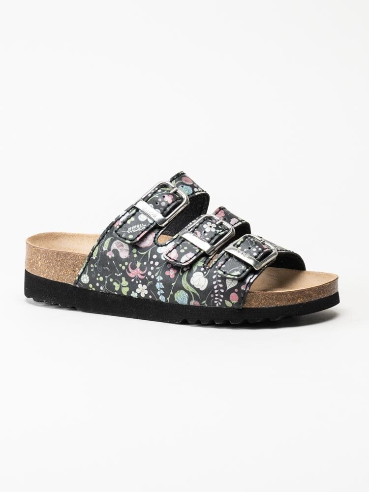 Scholl - Rio Wedge AD - Svarta blommiga slip in sandaler