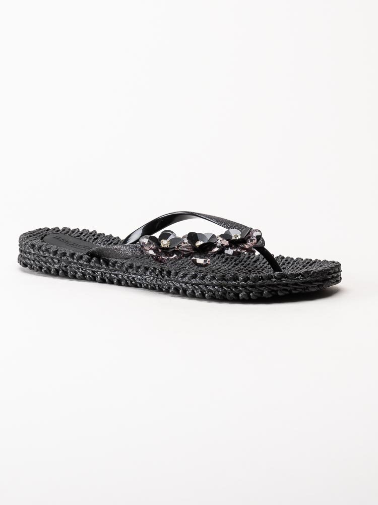 Ilse Jacobsen - Cheerful02F - Svarta flip flop med blomdekoration och strass