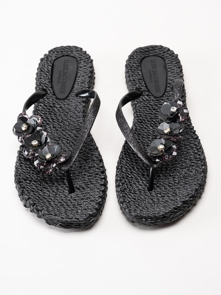 Ilse Jacobsen - Cheerful02F - Svarta flip flop med blomdekoration och strass