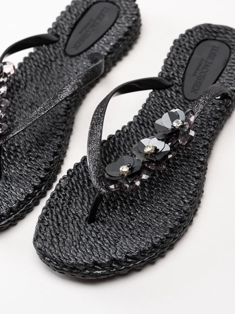 Ilse Jacobsen - Cheerful02F - Svarta flip flop med blomdekoration och strass