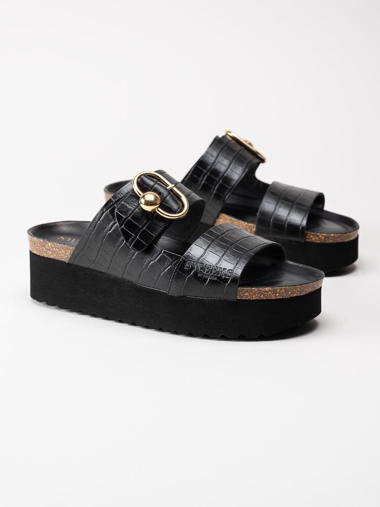 Sweeks - Hedda buckle Croco - Svarta slip in sandaler i skinn