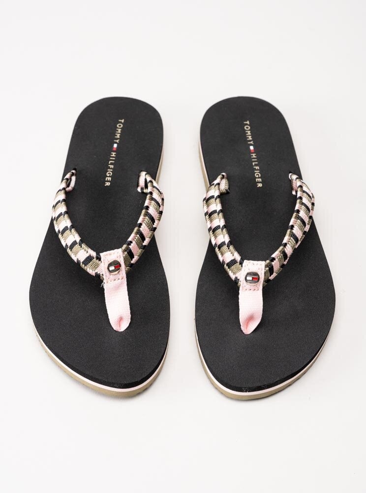 Tommy Hilfiger - Woven Webbing Flat - Svarta flip flops med rosa och gröna detaljer