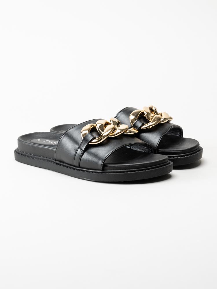 Duffy - Svarta slip in sandaler med guldfärgad länk