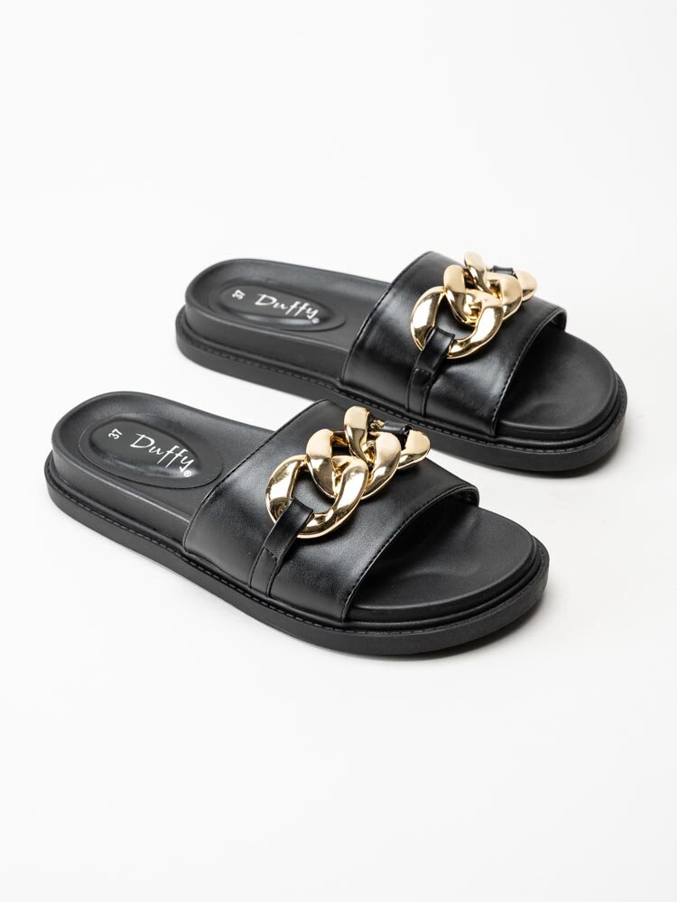 Duffy - Svarta slip in sandaler med guldfärgad länk