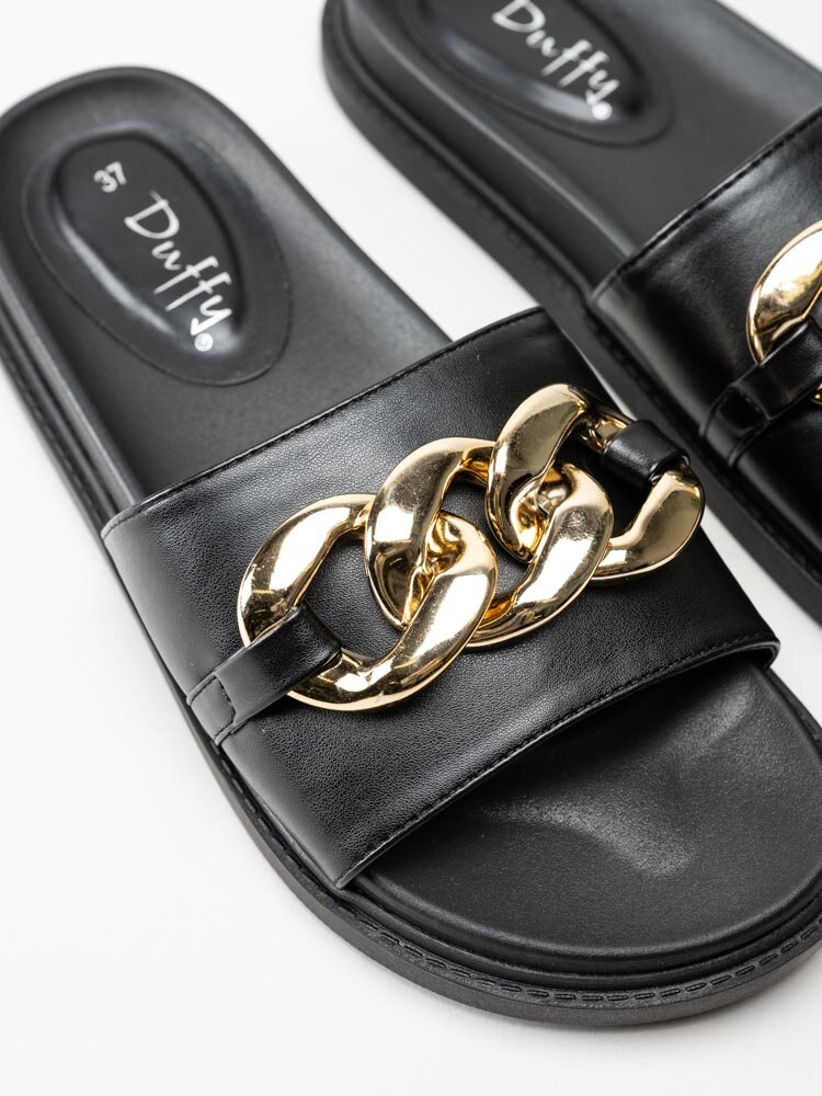 Duffy - Svarta slip in sandaler med guldfärgad länk
