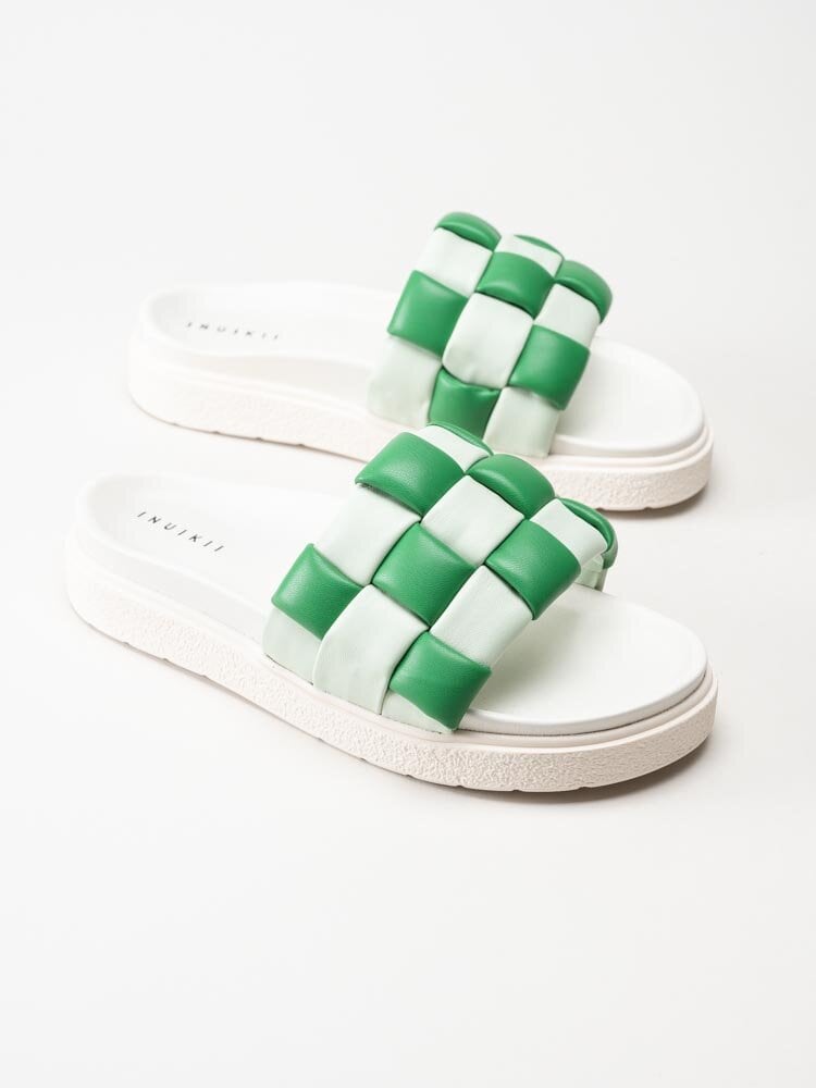 Inuikii - Braided leather - Gröna och vita slip in sandaler i flätat skinn