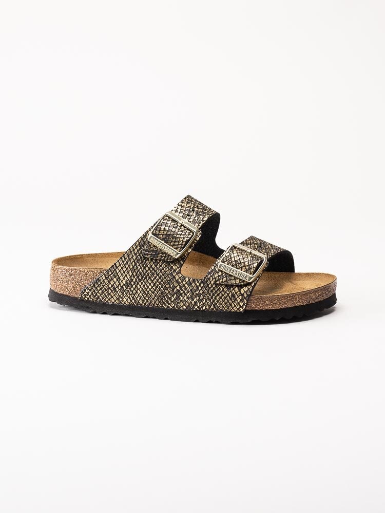 Birkenstock - Arizona Narrow - Guldfärgade reptilmönstrade slip in sandaler