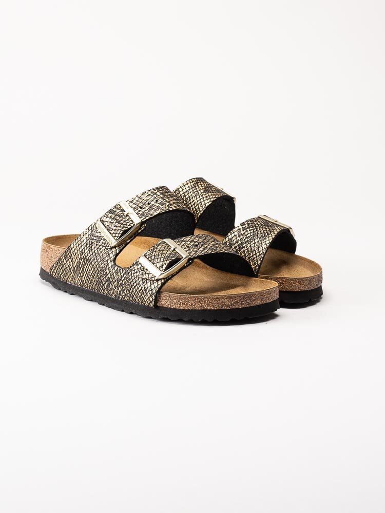 Birkenstock - Arizona Narrow - Guldfärgade reptilmönstrade slip in sandaler