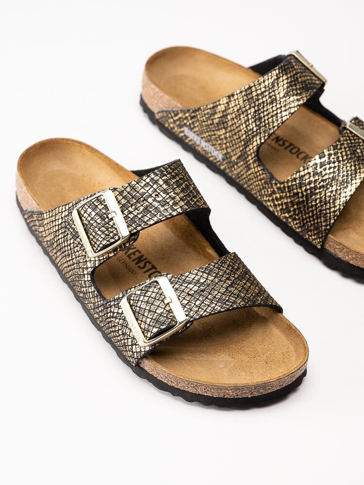 Birkenstock - Arizona Narrow - Guldfärgade reptilmönstrade slip in sandaler