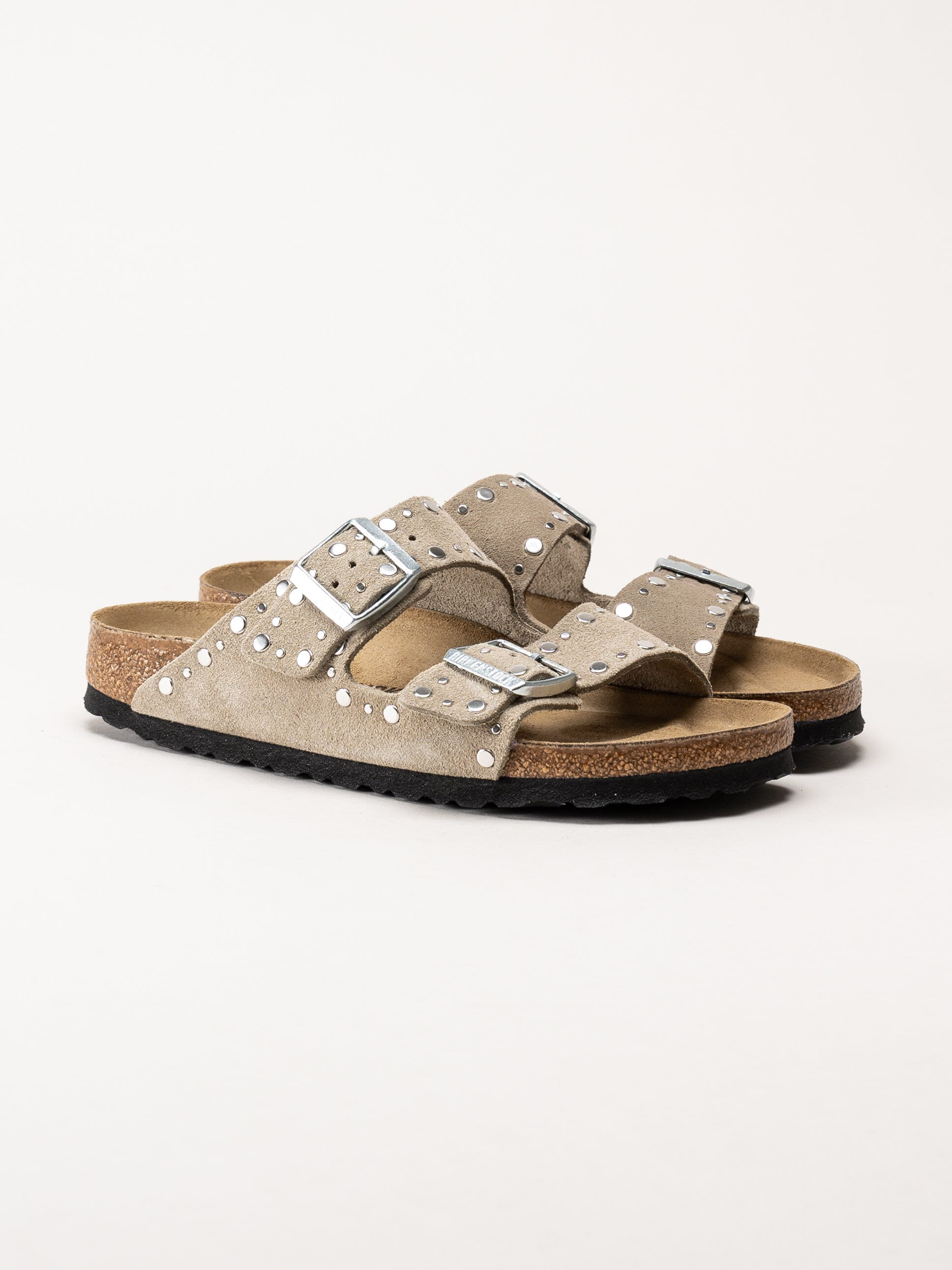 Birkenstock - Arizona Rivet Border - Beige slip in sandaler i mocka med nitar
