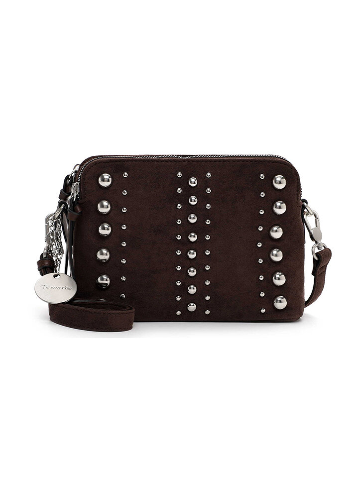 Tamaris bags - Genna Handbag zipper S - Mörkbrun handväska i textil med silverdetaljer