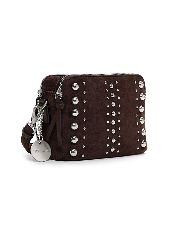 Tamaris bags - Genna Handbag zipper S - Mörkbrun handväska i textil med silverdetaljer