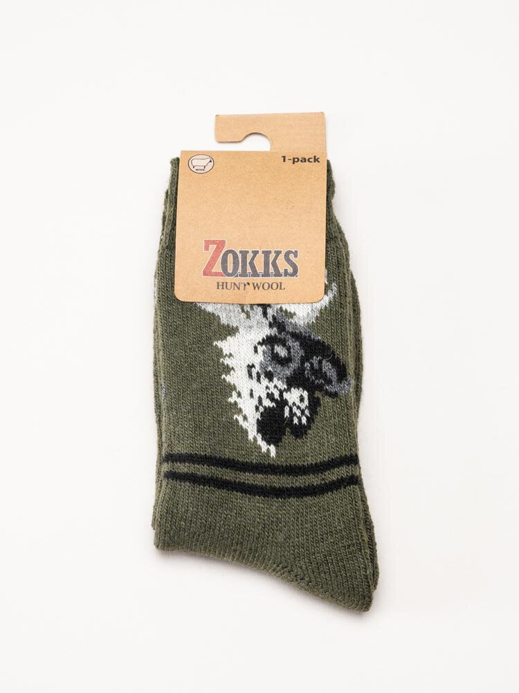 Zokks - Hunt Woll 1-pack - Gröna ullstrumpor med älgmotiv