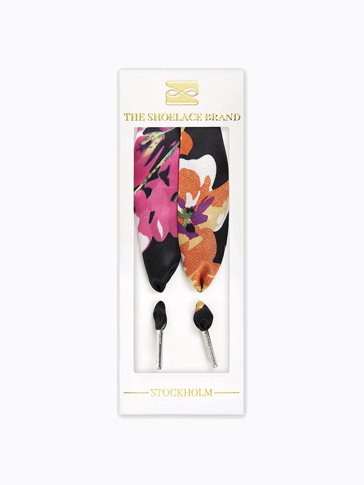 The Shoelace Brand - Flower Black Scarf 120cm - Blommönstrade skoband i siden