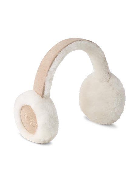UGG - Sheepskin Embroidery Earmuff - Vita öronmuffar i fårskinn med beige textil