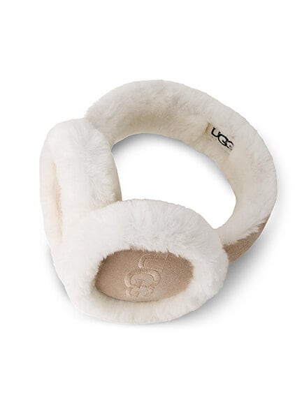 UGG - Sheepskin Embroidery Earmuff - Vita öronmuffar i fårskinn med beige textil